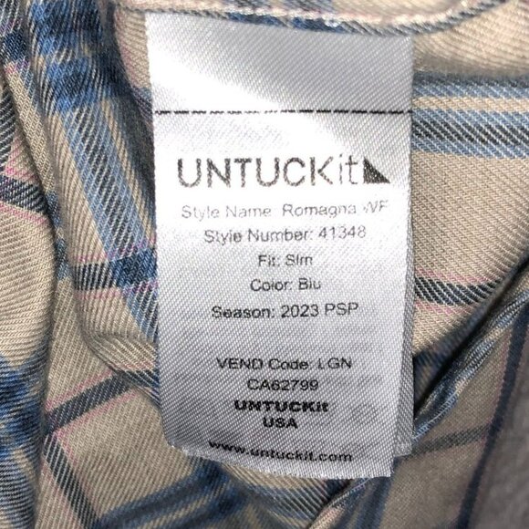 Untuckit Men Shirt Size XL Wrinkle-Free Long Sleeve Flannel Plaid Button Up Blue - Picture 9 of 13